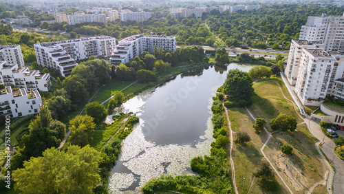 Aerial view of new residential buildings over Goclawskie Lake in Goclaw area, subdistrict of Praga-Poludnie, Warsaw city, Poland