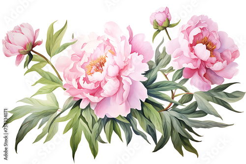 watercolor painting realistic Pink peony  branches and leaves on white background. Clipping path included.