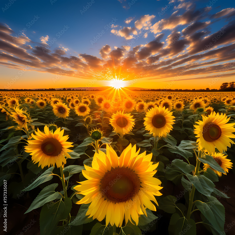 A field of sunflowers stretching towards the sun.
