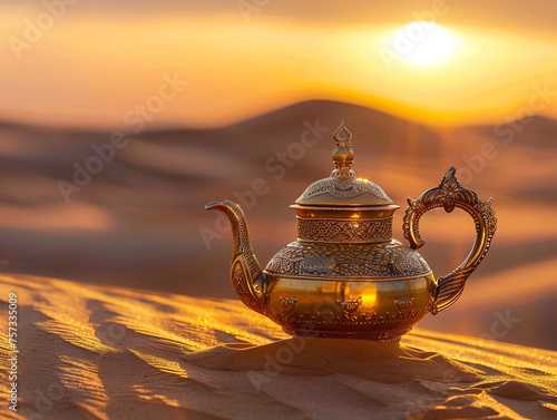 An oasis of history a golden oriental teapot rests on desert sands