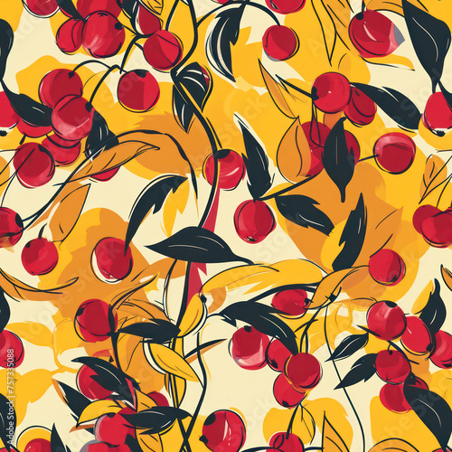 Juicy Red Cherries and Fresh Green Leaves – a Sweet Summer Delight on a Seamless Patterned Wallpaper