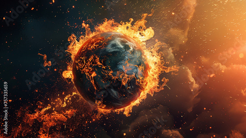Earth globe in flames collapsing under the strain of global finance and industry exploitation photo