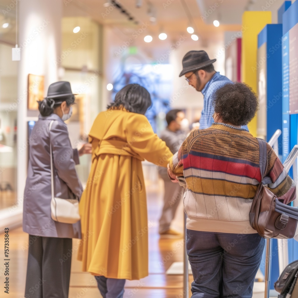 Visitors of varying abilities immersed in an interactive art exhibition, showcasing inclusivity and the universal accessibility of cultural joy