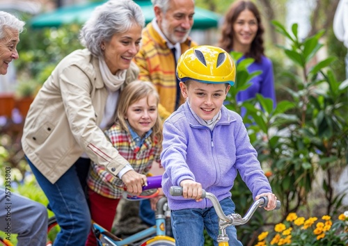 Warm family gathering to support a young child's bicycle learning adventure in a colorful garden, exemplifying hopecore through shared joy and optimistic encouragement