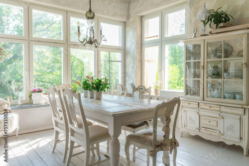 Rustic, vintage furniture, table and chairs in beige color in the dining room with large windows.