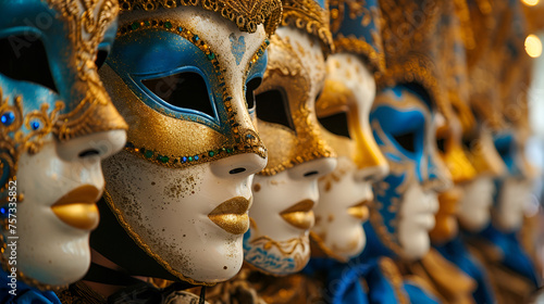 Row of venetian masks in gold and blue. generative ai ai