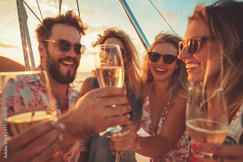 A group of happy people on a boat are smiling and toasting with champagne glasses. Some are wearing sunglasses, enhancing their facial expressions