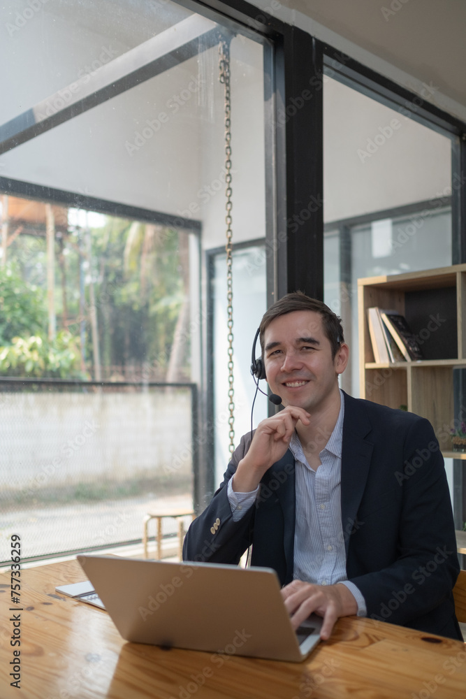 man woman office clothes and headset, smiling and talking with clients in call center, Smilling call center emplyee, smiling call center operator doing his job with a headset man woman office clothes and headset, smiling and talking with clients in call center, Smilling call center emplyee, smiling call center operator doing his job with a headset