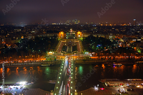 Aerial view of Palais de Chaillot palace from Eiffel Tower illuminated at night