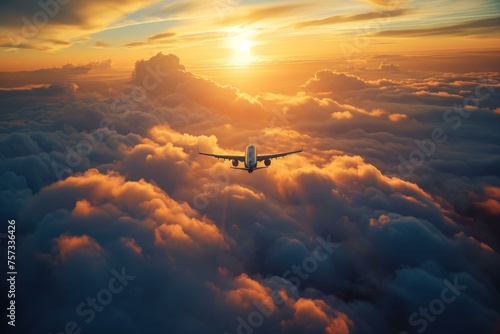 Airplane flies clouds. Trip jet. Generate Ai