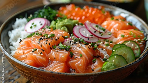 Salmon meat and avocado flavored bowl with certain ingredients, Salmon, avocado, shimeji, onion, rice, which look freshly prepared, with bright colors and tempting appearance