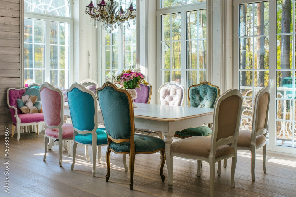 Rustic, vintage furniture, table and chairs of various bright colors in the dining room with large windows.
