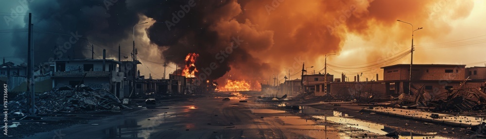 Post-apocalyptic scene with raging fires amidst ruined buildings under a smoke-filled orange sky