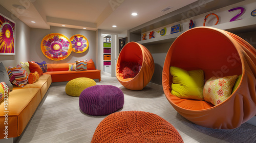 Vibrant Playroom with Colorful Decor and Unique Egg-Shaped Chairs photo