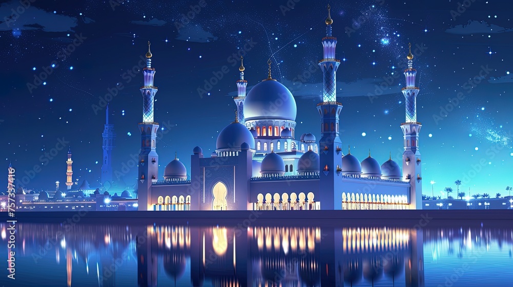 Mosque at night with reflection in the water. Vector illustration, ai generative