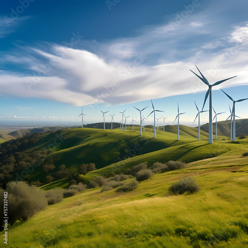 A row of wind turbines on a green hillside.