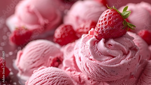 close up of strawberry ice cream with text copy space
