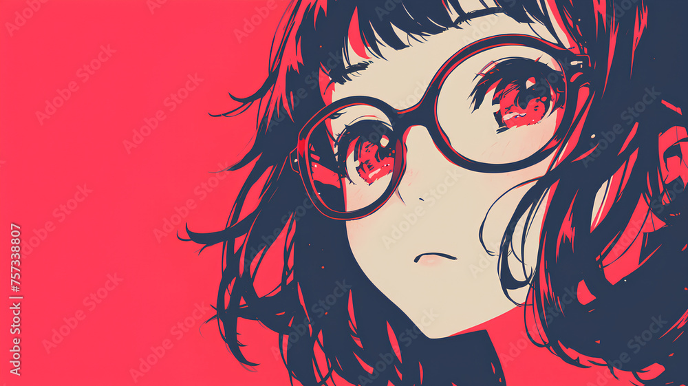beautiful anime glasses girl looking half her head up, simple color background beautiful anime glasses girl looking half her head up, simple color background