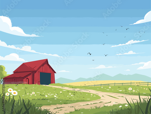 Red barn atop grassy hill surrounded by field in natural landscape
