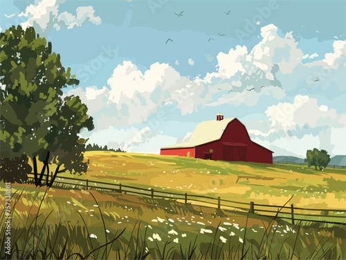 A red barn stands alone in a grassy field under a cloudy sky