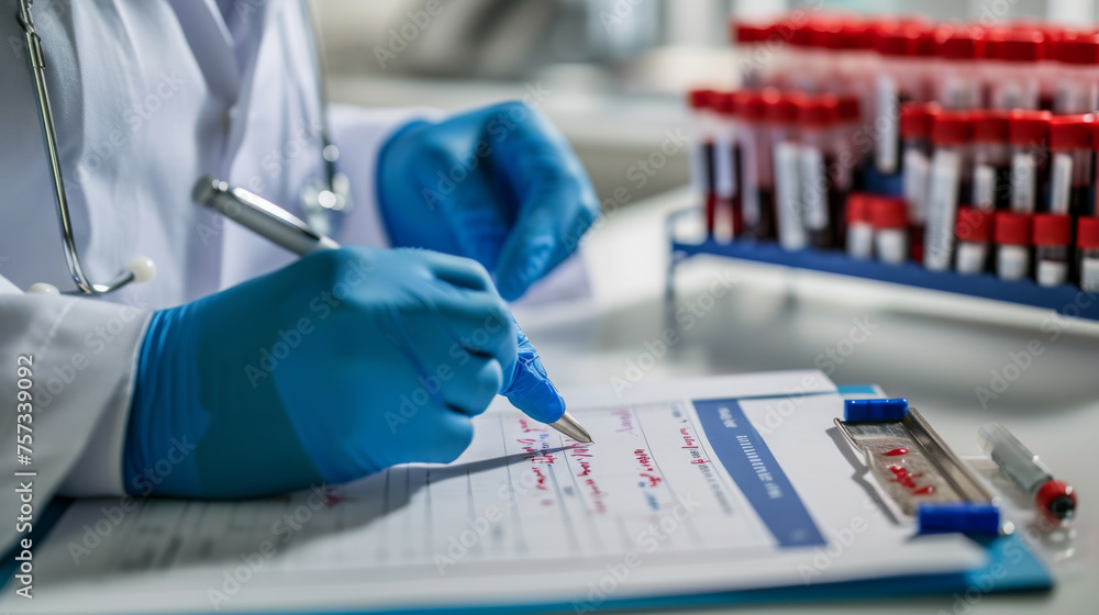 Close-up view of a healthcare professional's hands wearing blue gloves, writing on a medical report, with test tubes filled with blood samples in the background Close-up view of a healthcare professional's hands wearing blue gloves, writing on a medical report, with test tubes filled with blood samples in the background