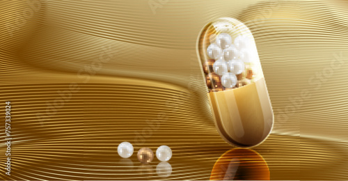 Fish oil ads gold template, omega-3 softgel isolated on chrome yellow background. 3D illustration.