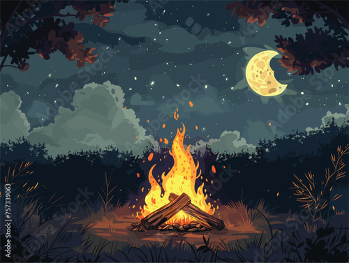 Pixel art of campfire under crescent moon in night sky