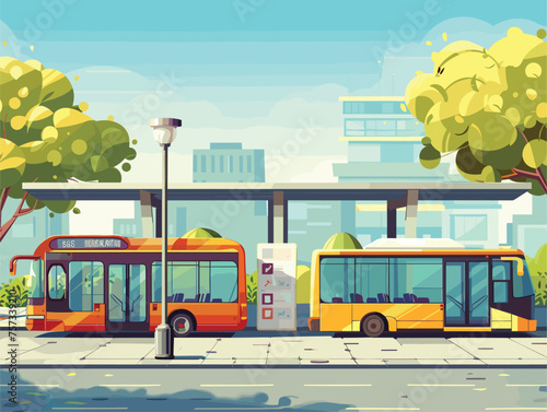 Two buses parked at city bus stop under cloudy sky