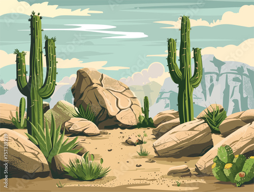 Botanical illustration of a desert biome with cacti and rocks