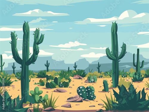 A natural landscape with cacti, mountains, and a cloudy sky in a desert biome