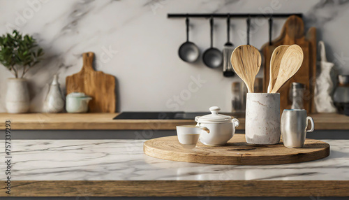 Wooden table on blurred kitchen bench background. Empty wooden table and blurred kitchen background