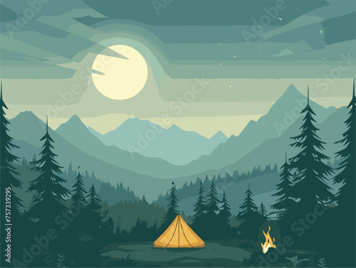 a tent is sitting in the middle of a forest with mountains in the background
