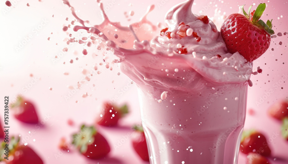 Delicious Strawberry Milkshake Splashing on Pink Background with Scattered Strawberries Delicious Strawberry Milkshake Splashing on Pink Background with Scattered Strawberries