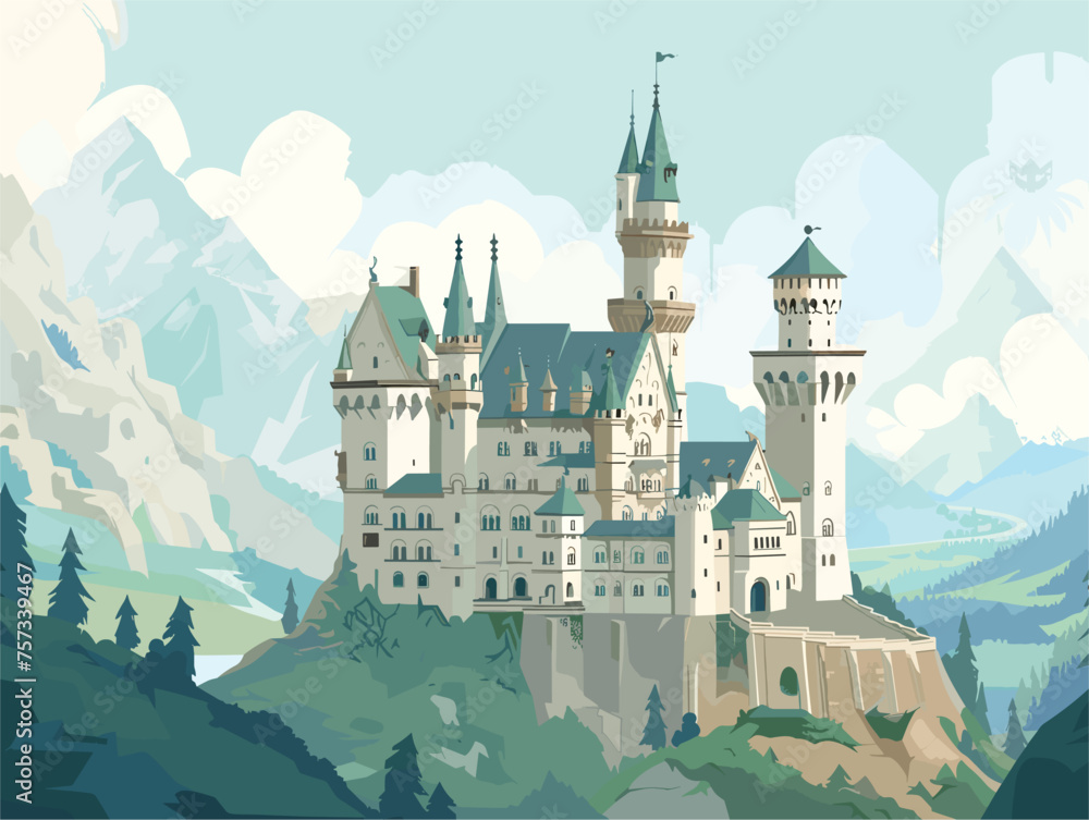 Castle perches on hill in mountain landscape, under sky