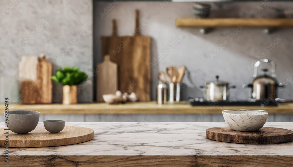 Wooden table on blurred kitchen bench background. Empty wooden table and blurred kitchen background Wooden table on blurred kitchen bench background. Empty wooden table and blurred kitchen background