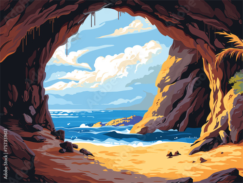 a painting of a cave with a view of the ocean