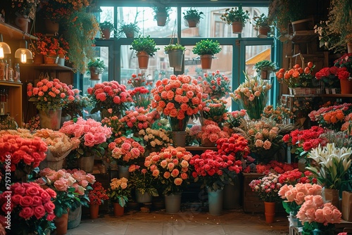 A bustling flower shop on Valentine's Day, with bouquets of roses and romantic arrangements photo
