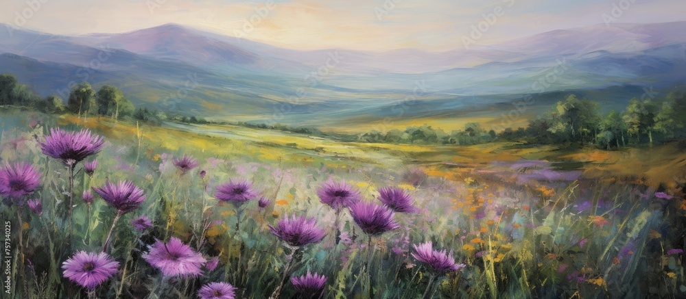 Obraz premium A stunning painting capturing a meadow of purple flowers under a blue sky, with majestic mountains in the background adding to the natural landscape scene