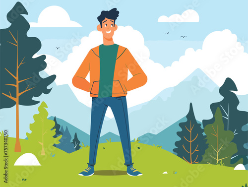a man is standing in a field with his hands on his hips