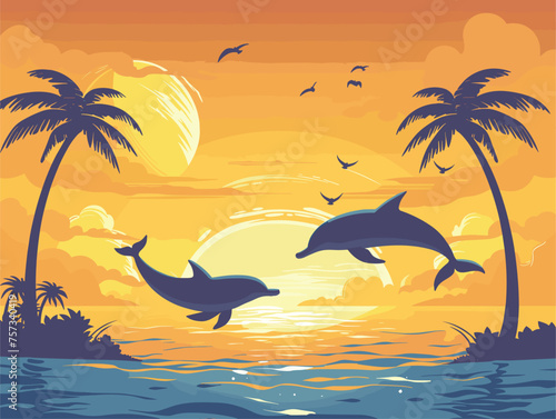 Two dolphins leaping from water in sunset afterglow