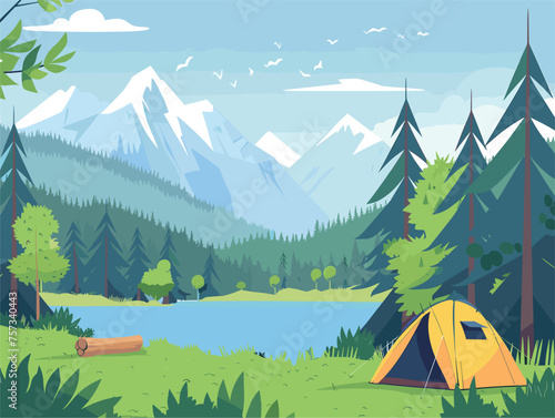 A tent nestled in forest by lake with mountain backdrop