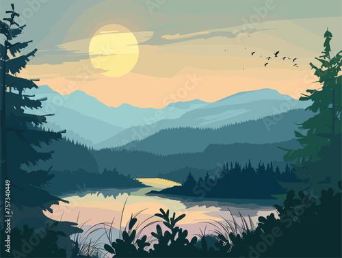 Natural landscape of a lake with trees, mountains, and sunset sky