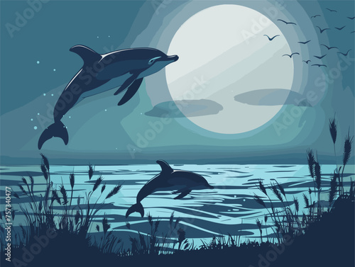 Two bottlenose dolphins leaping out of the water under the night sky