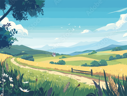 Dirt road winding through grassy field with mountains in background