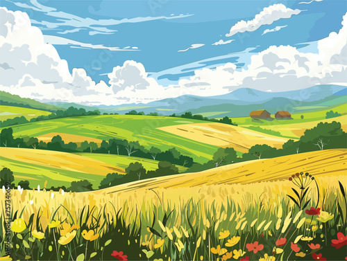 a painting of a field of grass and flowers with mountains in the background