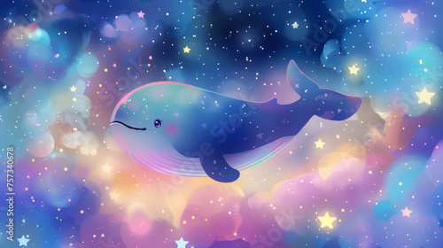 Whale exploring a futuristic galaxy with swirling stars and nebula, fantasy concept