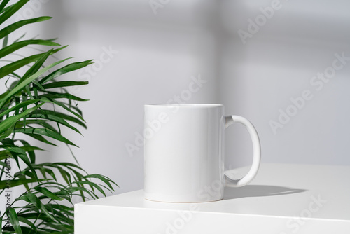 Porcelain cup and palm branch on white background