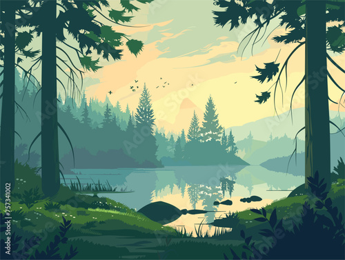 A serene lake surrounded by tall trees in a peaceful natural landscape