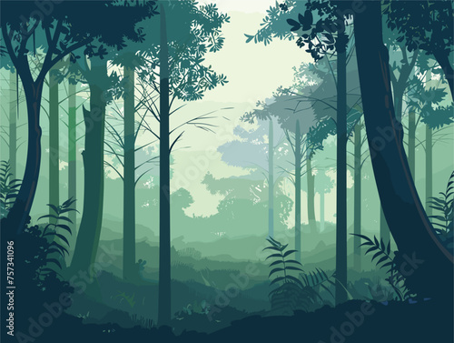 Lush green forest with ferns and trees in foggy natural landscape