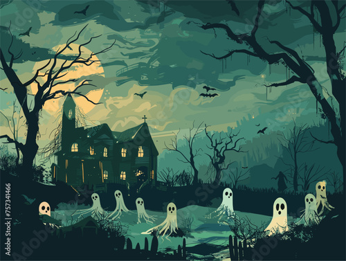 A group of ghosts gathers by a haunted house under the moonlit sky